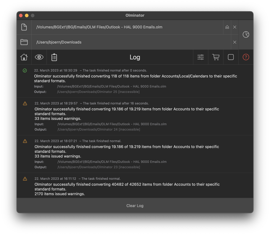Screenshot of Olminator's Log section
